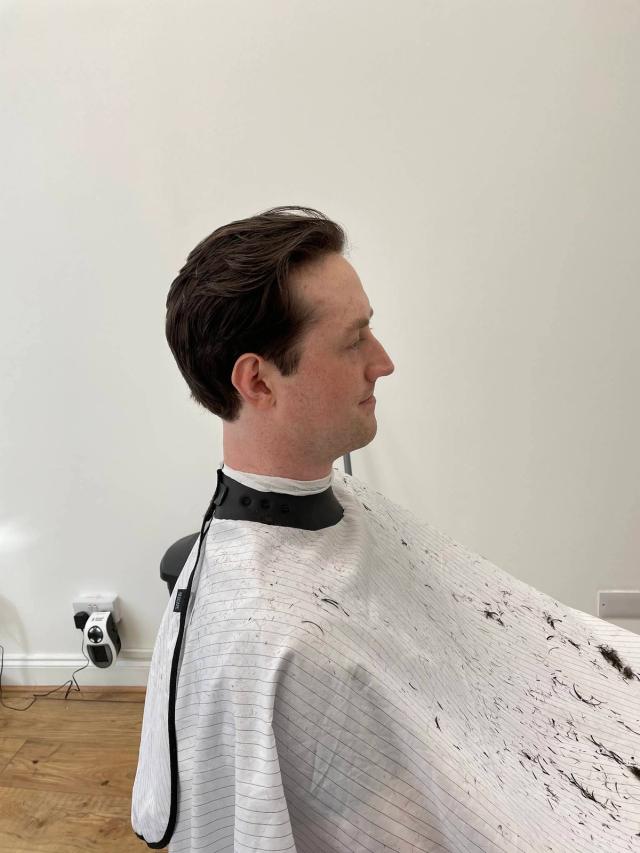 Classic scissor cut combed back, side profile