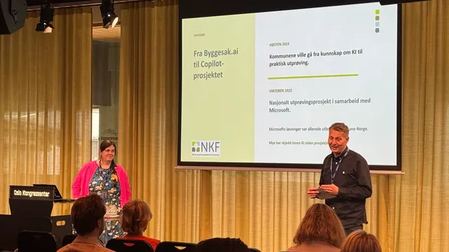 Gudrun Holm, Molde kommune og Jon Adler Torp, NKF Byggesak forteller om MS Copilot prosjektet og norske kommuners erfaringer med bruk av kunstig intelligens i byggesak, under GoforIT 2026.
