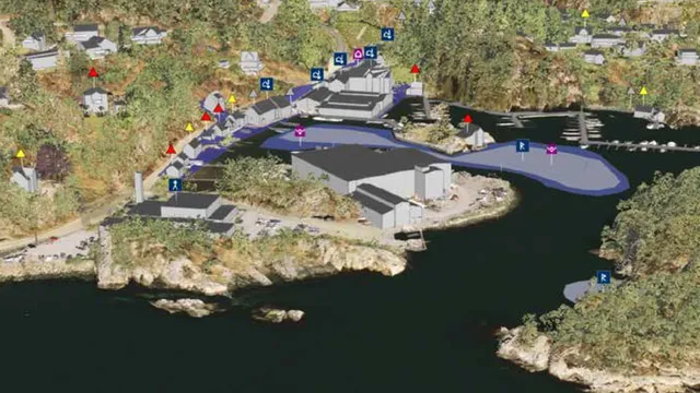 3D-modellen med visning av kulturminnedata fra Riksantikvaren