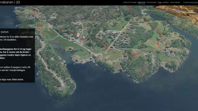 Veilederen foreligger i et interaktivt format hvor 3D-modellen er integrert i veilederen. Her vises 100- metersbeltet for strandsonen i modellen.