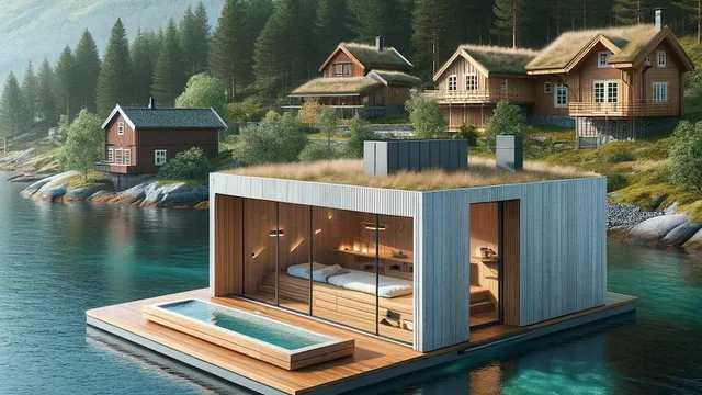 KI-generert illustrasjon, Dall-E. Prompt: A modern floating sauna in a traditional Norwegian landscape. The sauna is designed with contemporary architecture, featuring clean lines, large glass.
