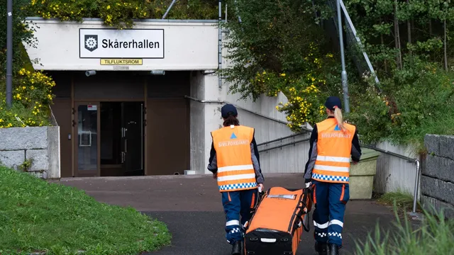 Sivilforsvaret på øvelse i Skårerhallen i Lørenskog. Foto: Stian Olberg/DSB
