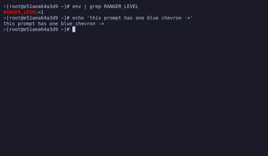 Terminal showing a prompt with one blue chevron, with env output confirming RANGER_LEVEL=1