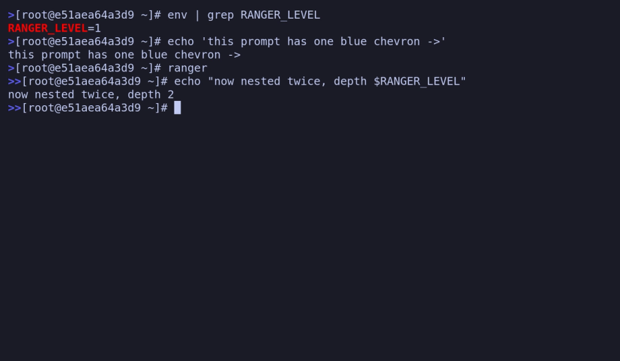 Terminal showing the prompt gaining a second blue chevron after nesting ranger twice, depth 2