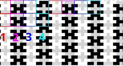 tessellated pattern with annotations deconstructing it into 4 distinct squares.
