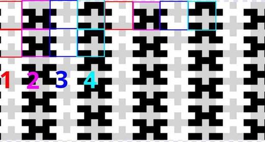 tessellated pattern with annotations deconstructing it into 4 distinct squares.