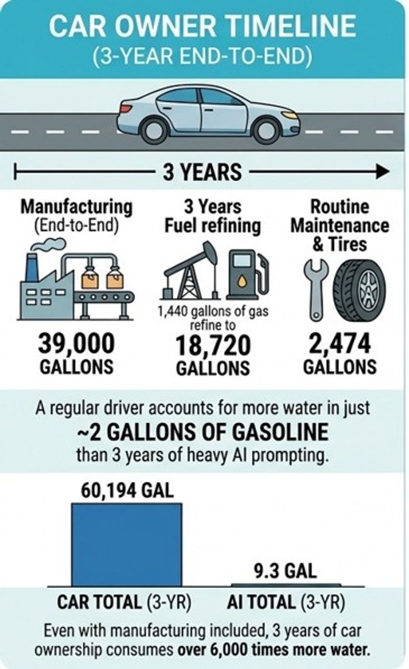 Car comparison lifecycle frame: manufacturing, fuel refining, maintenance, and tires are part of the footprint. 