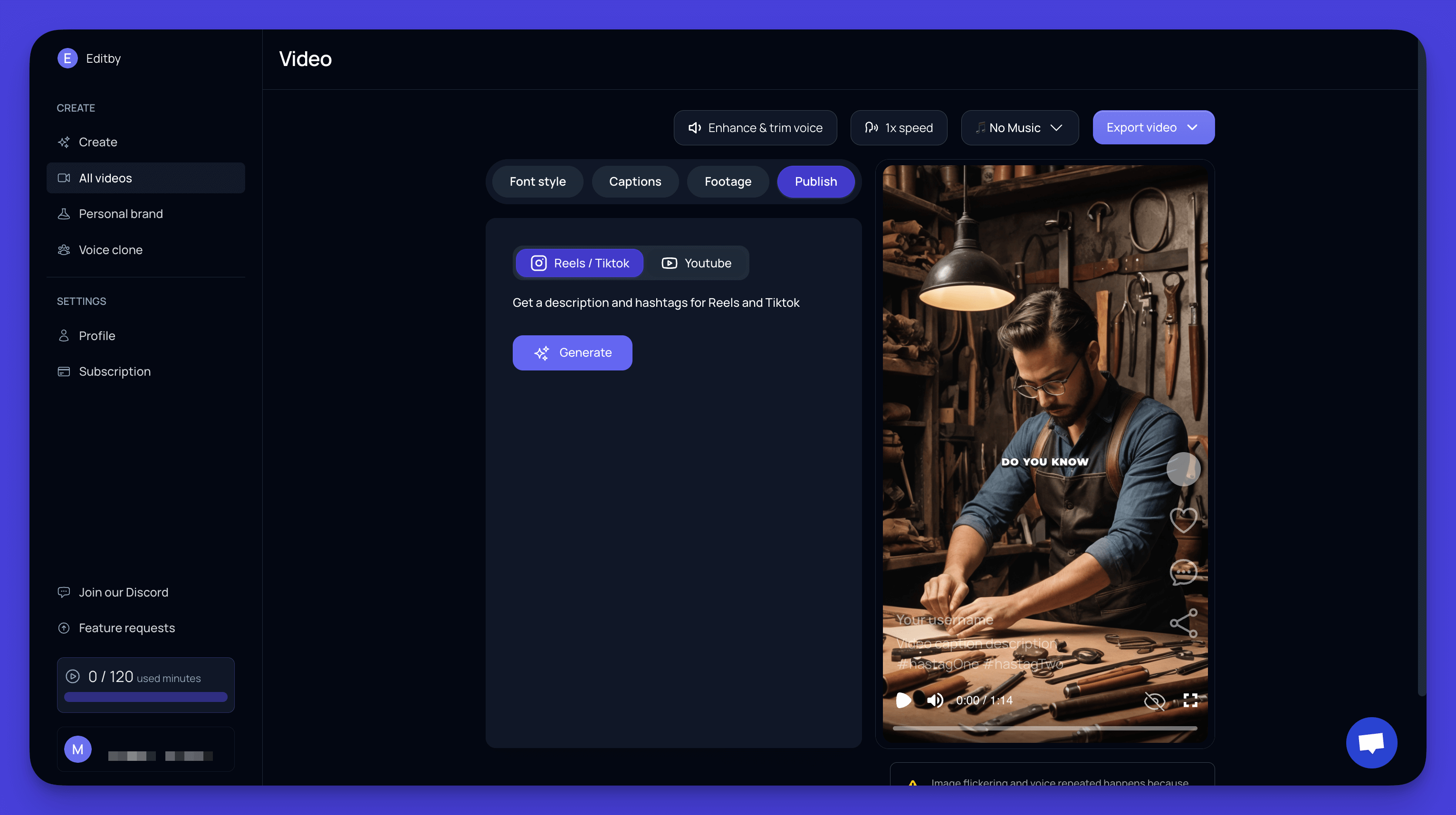 Videotok Video publishing interface with options for Reels, TikTok, and YouTube