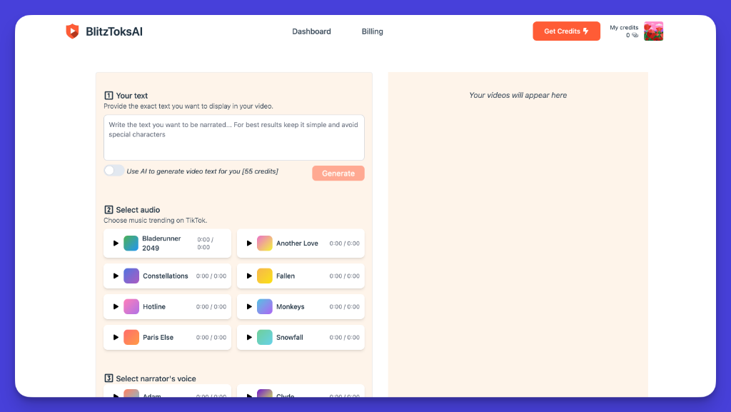 BlitzToksAI dashboard with text input, audio selection, and voice options