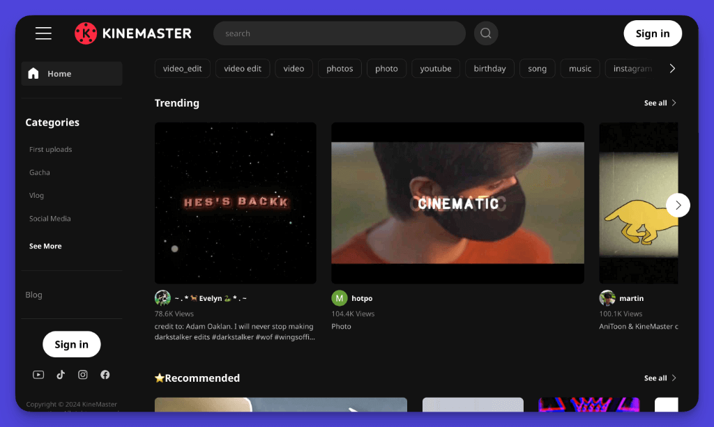 KineMaster video editor interface with trending content categories