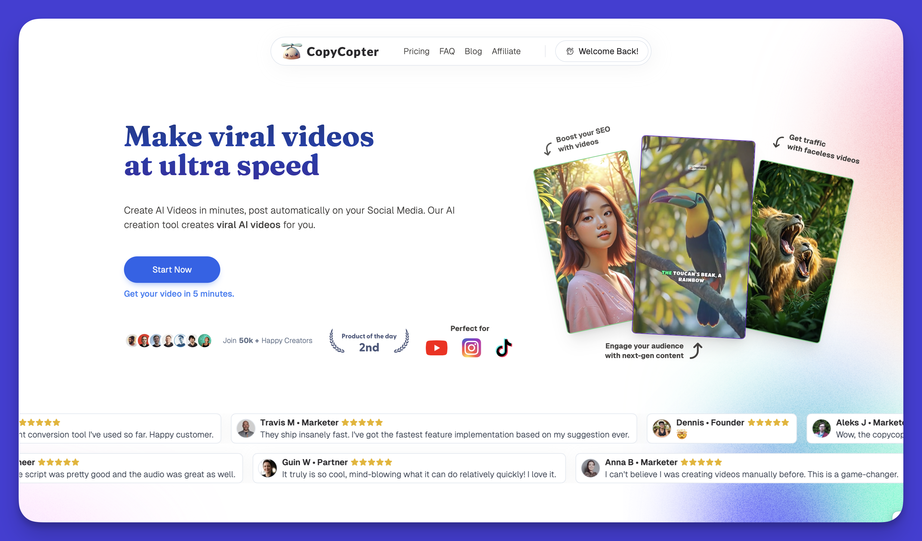 CopyCopter AI Video Generation Platform Landing Page 