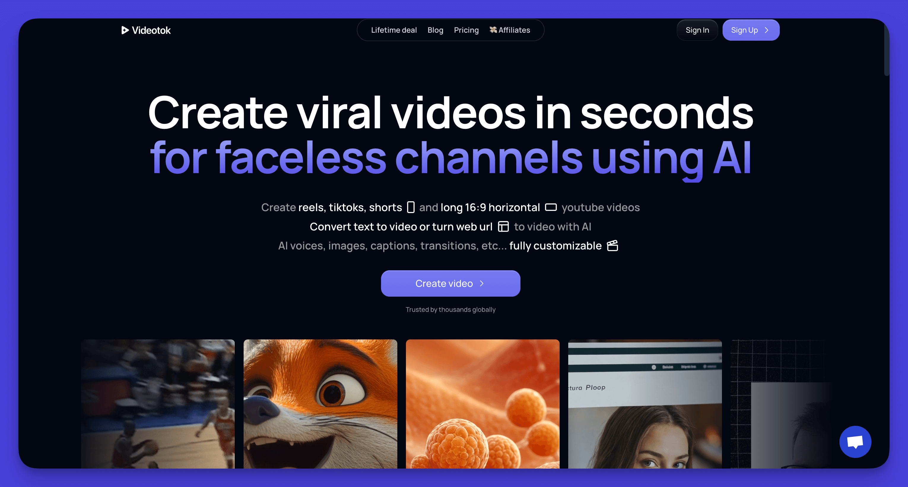 Videotok website  with a collage of AI video 