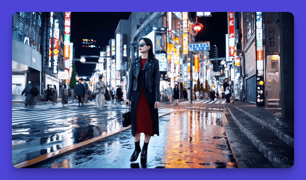 Stylish woman walking on rainy Tokyo street at night amid neon lights