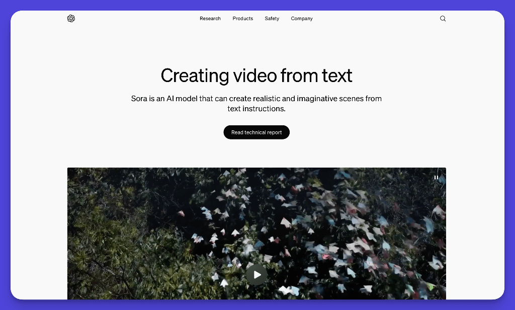 OpenAI Sora webpage showcasing text-to-video AI model capabilities