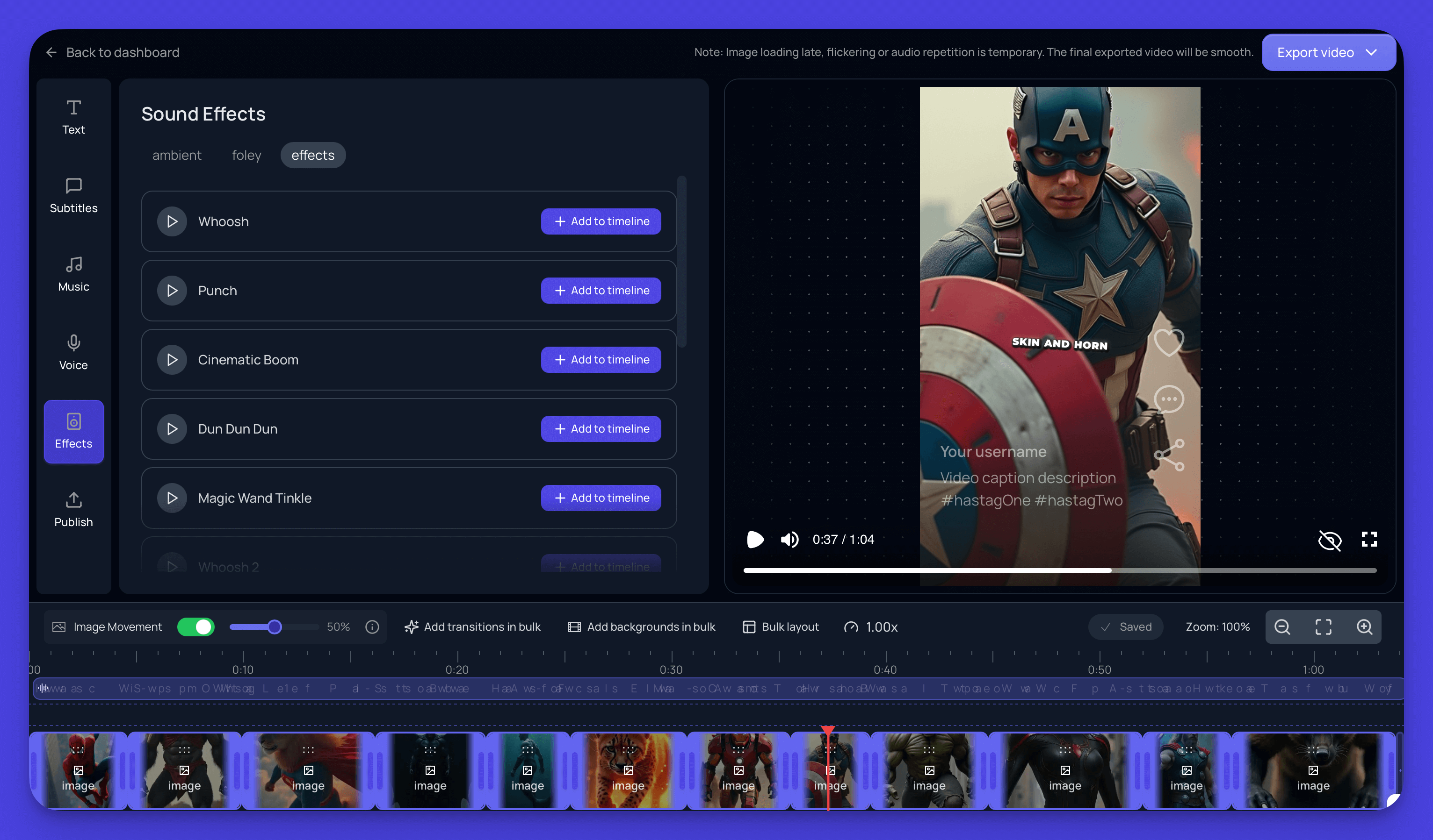 A video editor interface featuring Captain America, showcasing editing tools and vibrant graphics related to the character.