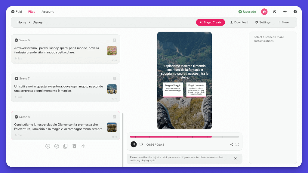 Fliki video editor with Italian text and mountain scene preview