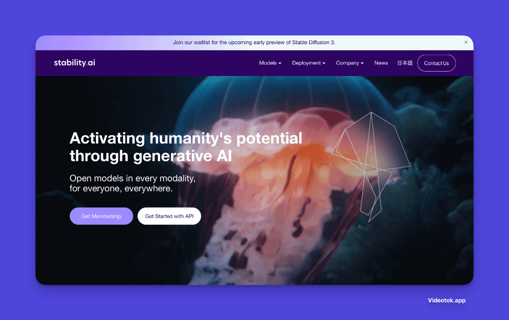 Stability.ai website showcasing generative AI potentia