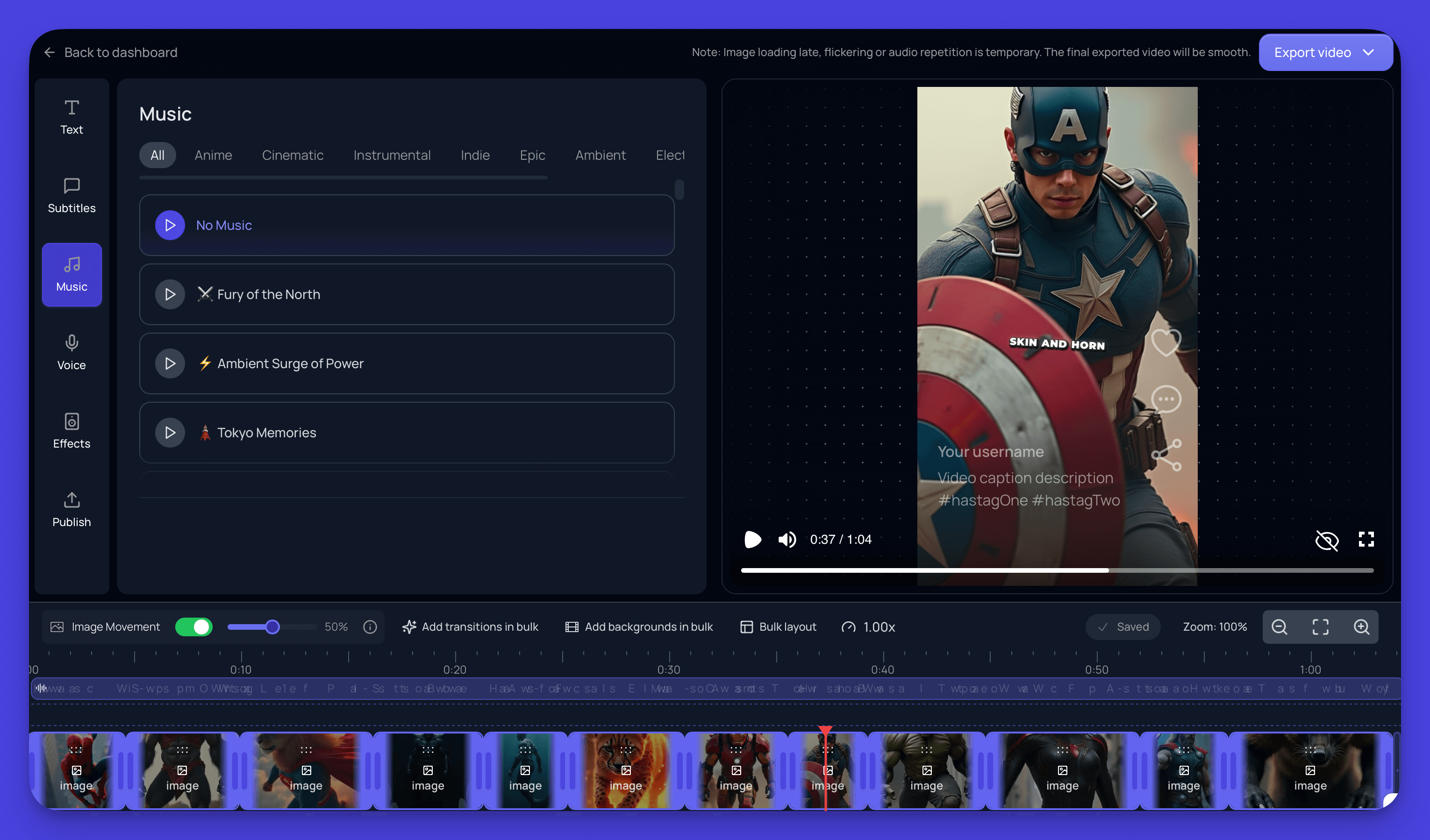 A video editing application with Captain America illustrated on the editing timeline.