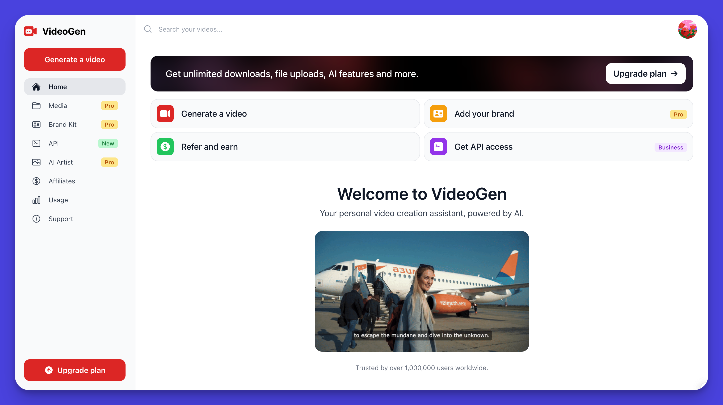 VideoGen welcome page displays a sleek design, providing users with straightforward access to information and services offered.