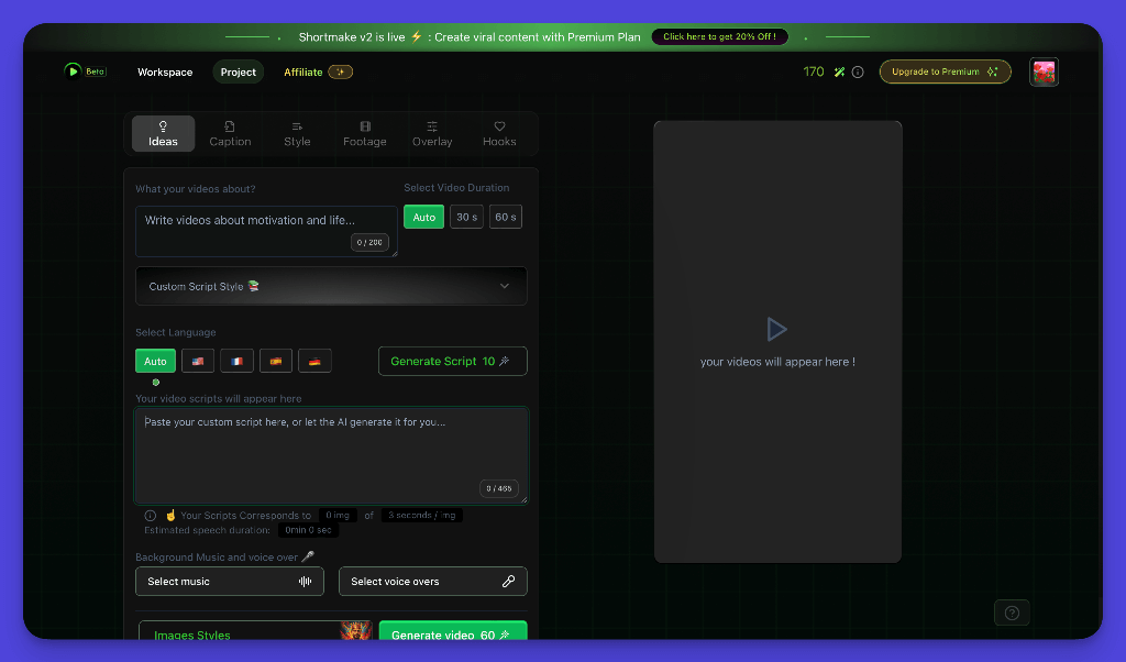 Shortmake video creation interface with dark mode and customization options