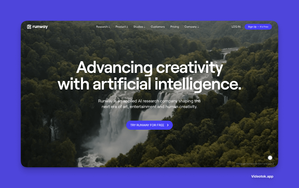 Runway AI website showcasing creativity advancement with forest waterfall