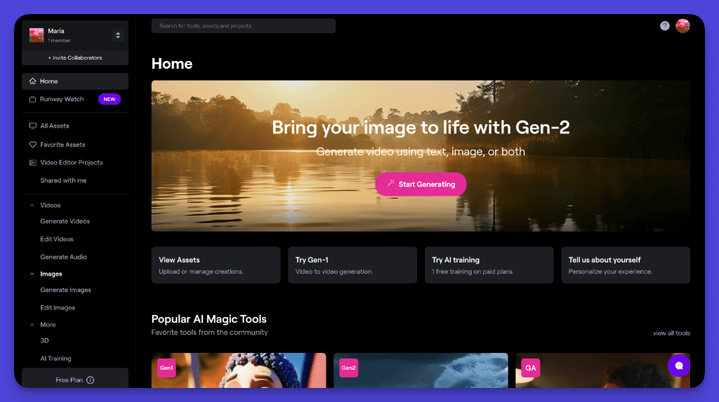 Runway AI homepage showcasing Gen-2 video generation from images