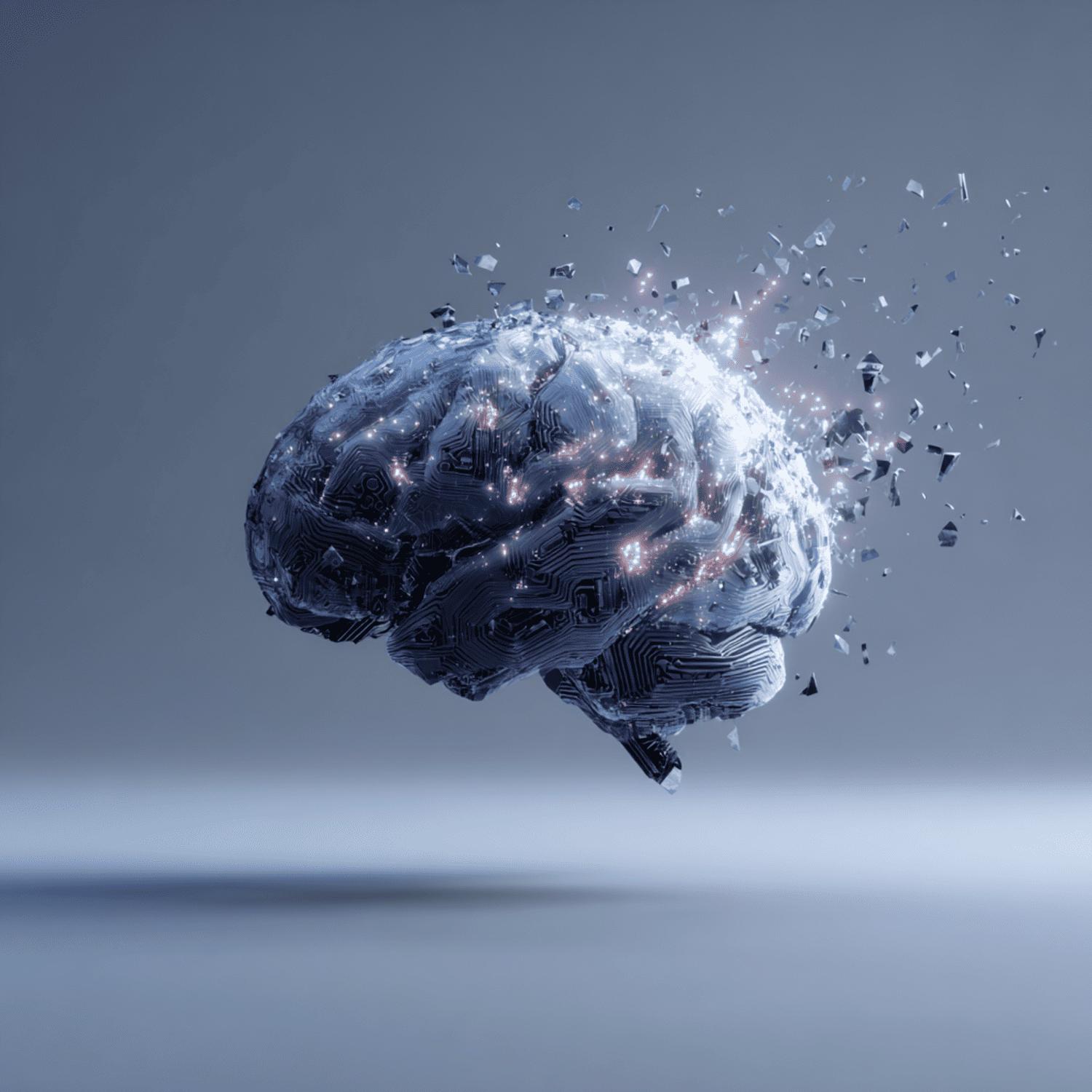 A dark, metallic human brain with glowing circuit board patterns on its surface, partially shattering into fragments against a grey background