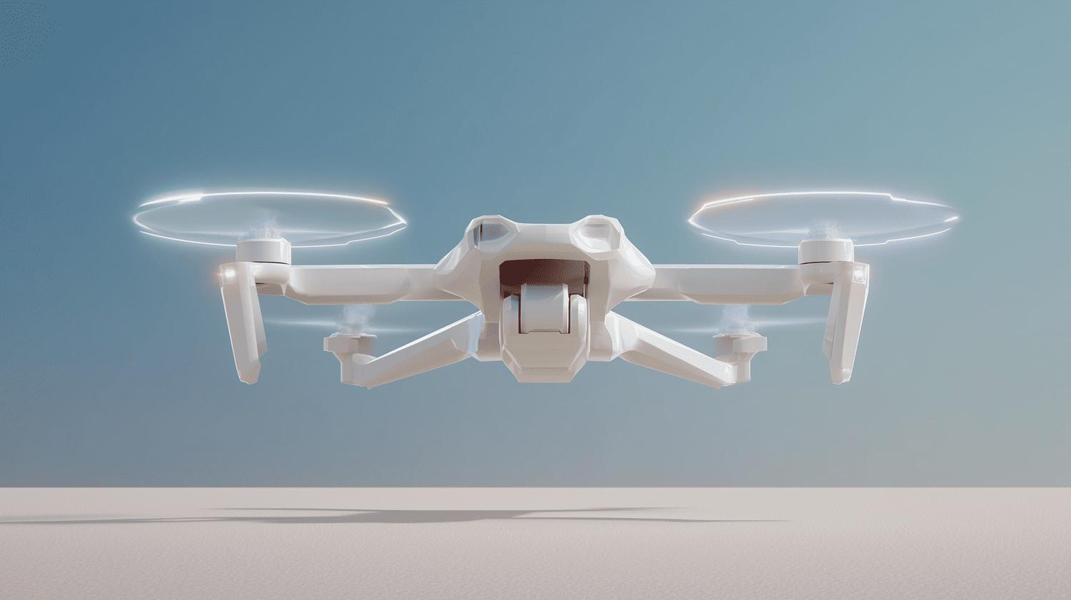 Modern white drone with glowing rotors hovering over a clean blue and grey gradient background