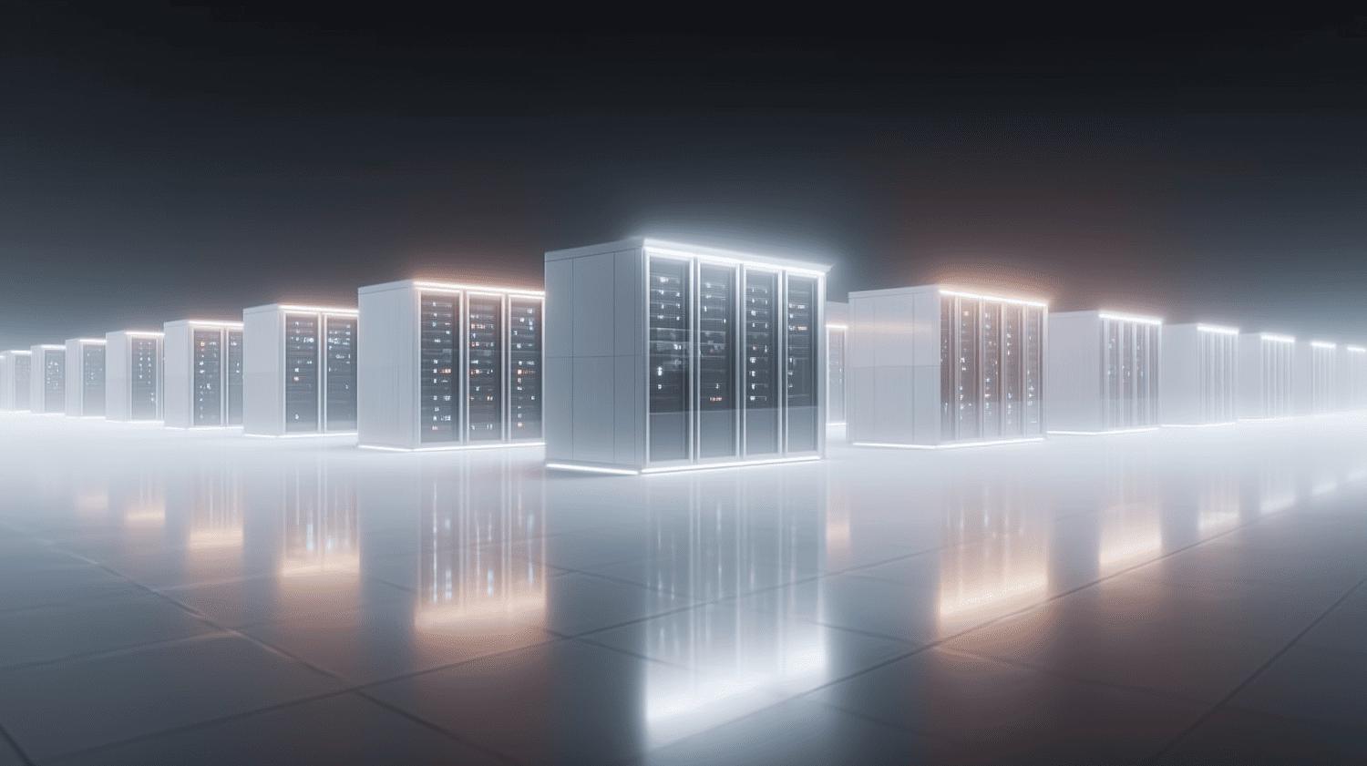 Futuristic data center with illuminated server cabinets reflected on a glossy dark floor
