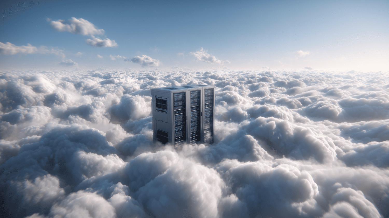Cloud computing concept: data center server floating in cloudy sky symbolizing cloud infrastructure and remote data storage