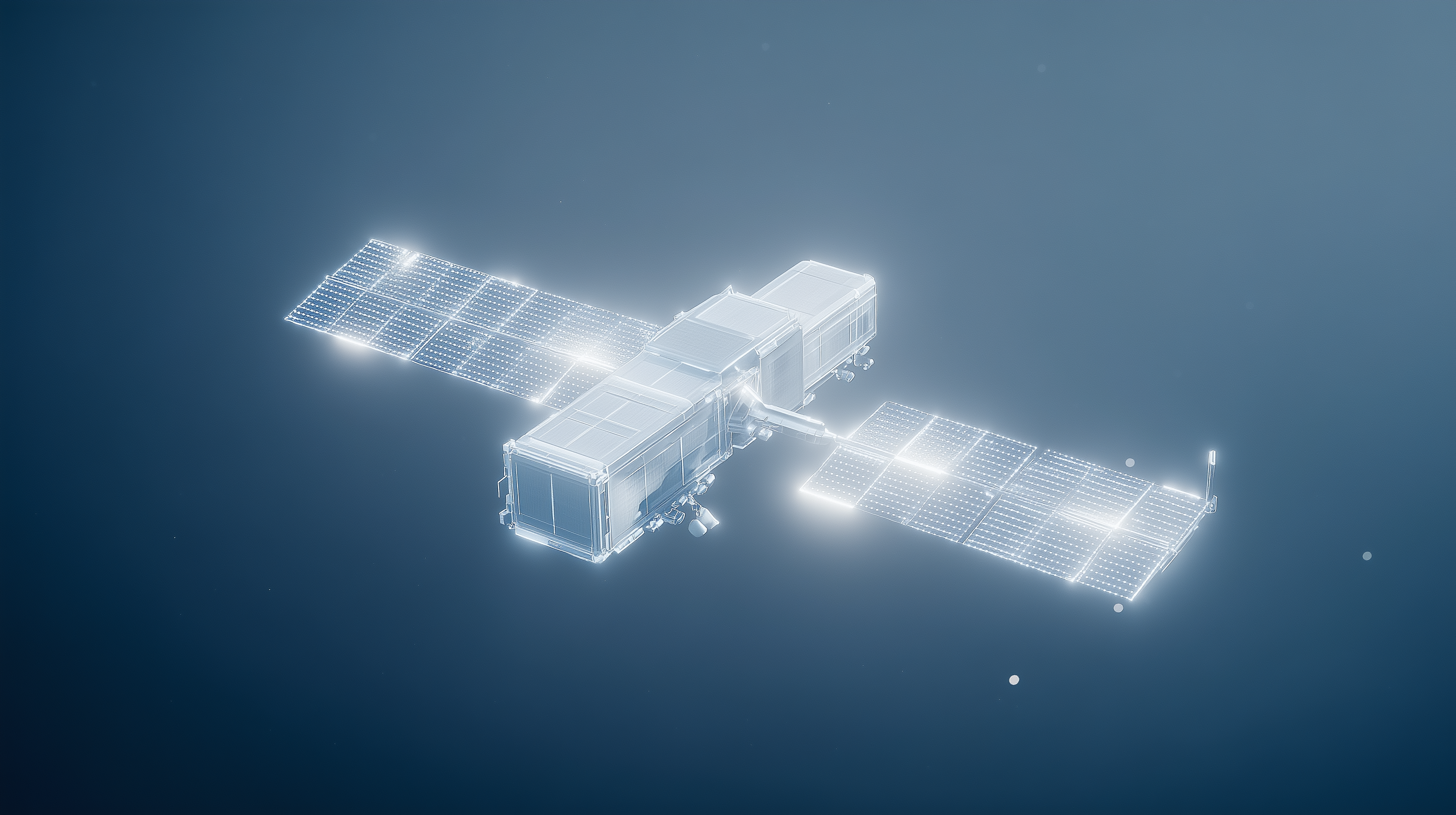 Glowing white satellite with large solar panel arrays orbiting in space against a deep blue gradient background with distant stars