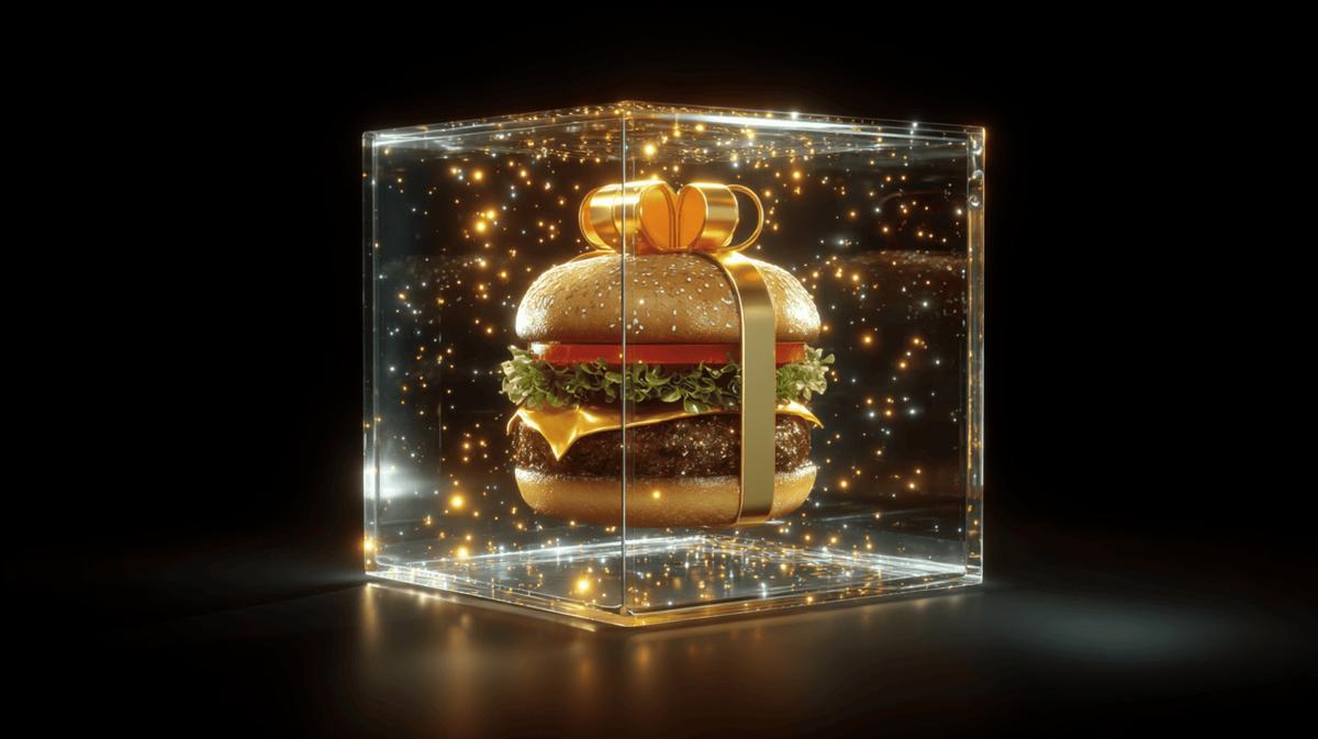 Gourmet cheeseburger with golden gift ribbon inside illuminated transparent glass cube against black background