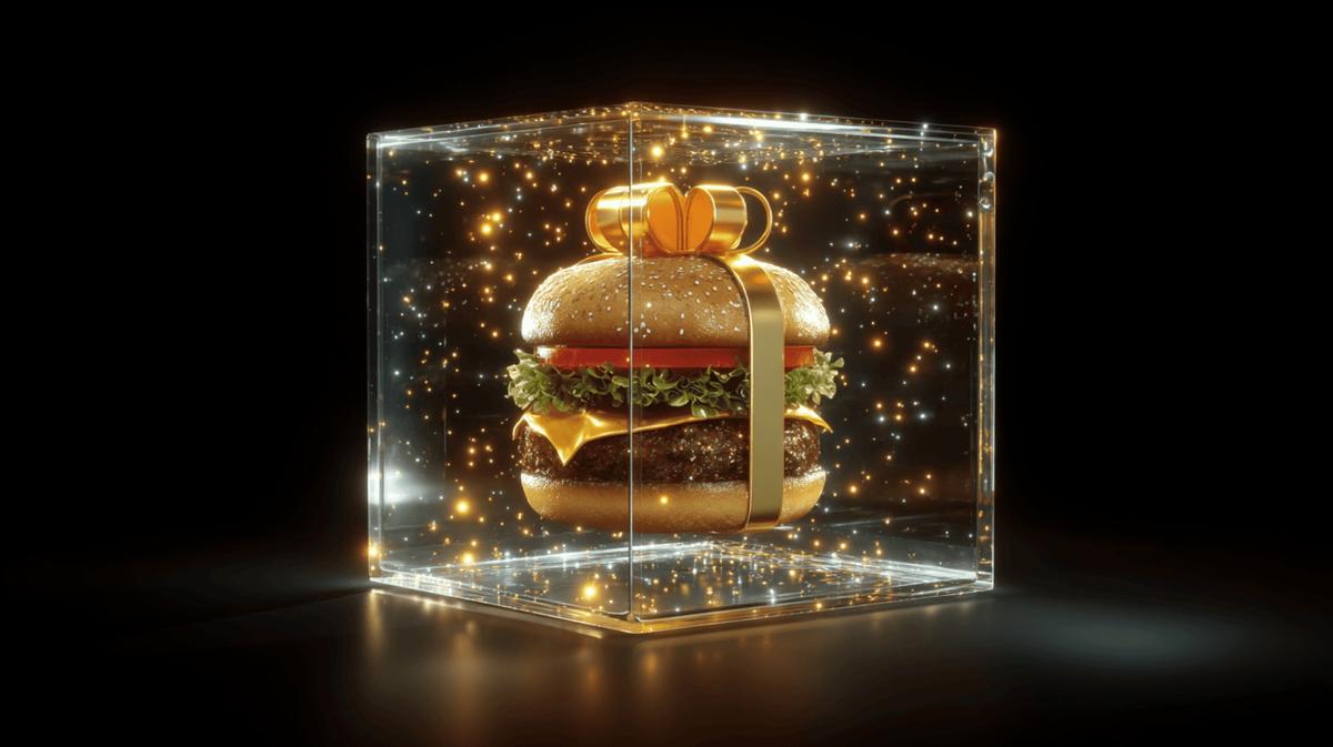 Gourmet cheeseburger with golden gift ribbon inside illuminated transparent glass cube against black background