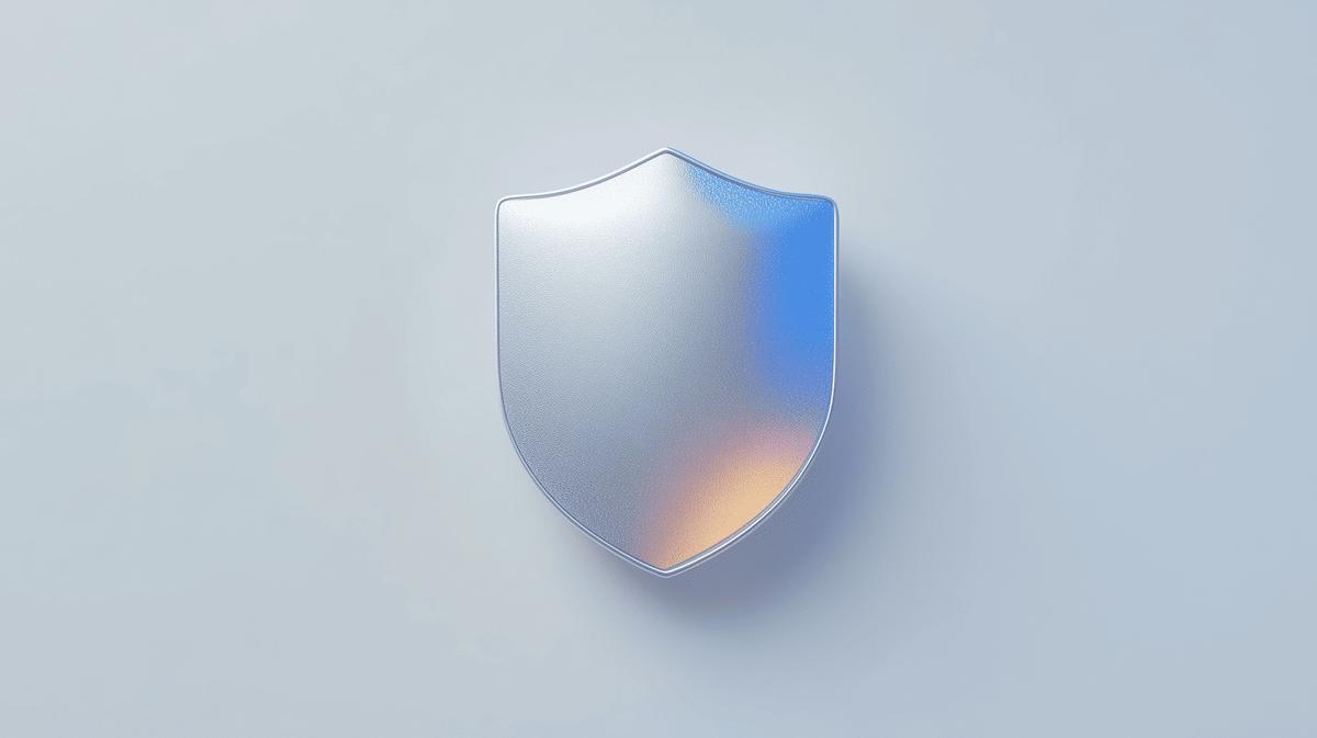 Minimalist silver shield with a brushed metallic texture and subtle blue and orange reflections, centered on a clean light grey background