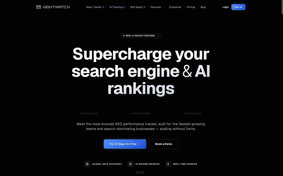 Only platform showing unified SEO and AI visibility tracking with Nightwatch's dual monitoring approach, keyword ranking across 107K locations, AI feature integration, real-time updates, unlimited tracking capabilities, and consolidated reporting for overall search performance