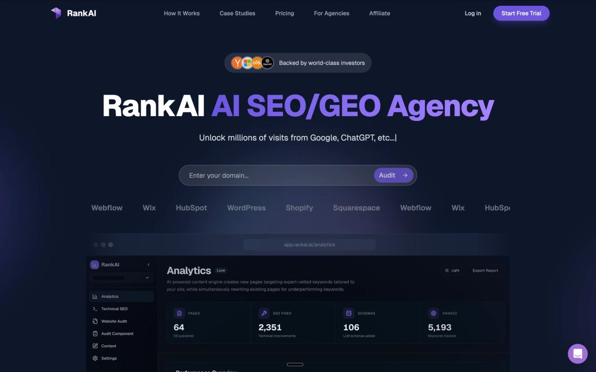 RankAI Y Combinator-backed agency homepage showing first-mover advantage specializing in GEO from inception
