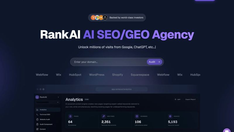 RankAI Y Combinator-backed agency homepage showing first-mover advantage specializing in GEO from inception