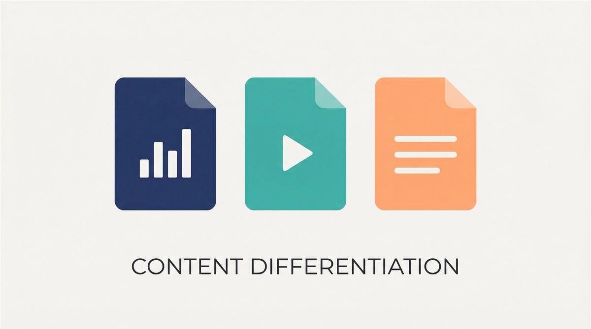 Three-column diagram showing content differentiation strategy to fix keyword cannibalization by targeting different search intents: informational intent (what is keyword), commercial intent (best SEO tools), and transactional intent (hire SEO consultant) for same topic
