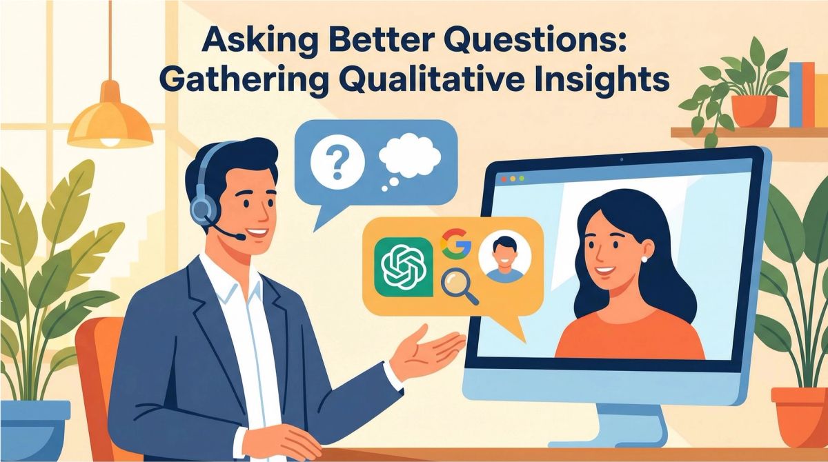 Client interview methodology for discovering AI usage patterns displaying question progression from general discovery methods to specific AI platforms used to actual prompts entered, demonstrating how qualitative data provides direct insights into customer language, pain points, and information-seeking behavior that quantitative analytics miss, with examples of responses indicating ChatGPT or Perplexity as discovery channel