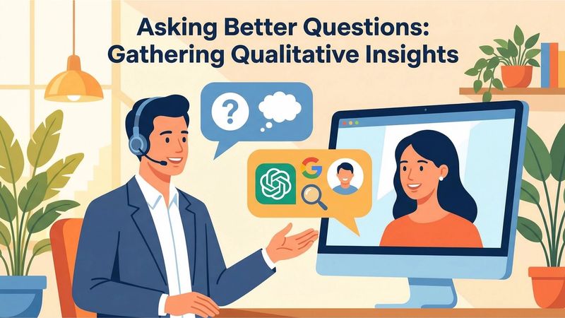 Client interview methodology for discovering AI usage patterns displaying question progression from general discovery methods to specific AI platforms used to actual prompts entered, demonstrating how qualitative data provides direct insights into customer language, pain points, and information-seeking behavior that quantitative analytics miss, with examples of responses indicating ChatGPT or Perplexity as discovery channel