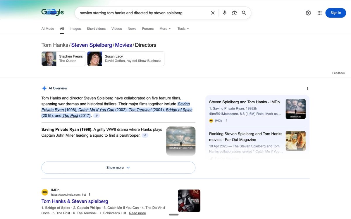 Complex query results visualization showing how Knowledge Graph cross-references Tom Hanks (actor entity) and Steven Spielberg (director entity) relationships to return precise structured answer with rich carousel and IMDb organic results