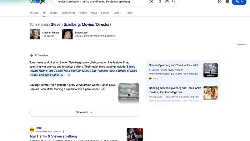 Complex query results visualization showing how Knowledge Graph cross-references Tom Hanks (actor entity) and Steven Spielberg (director entity) relationships to return precise structured answer with rich carousel and IMDb organic results