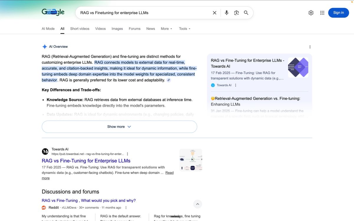 RAG vs Finetuning SERP analysis showing Google struggling with new AI terminology resulting in disorganized results mixing academic papers and community discussions without clear authoritative answer
