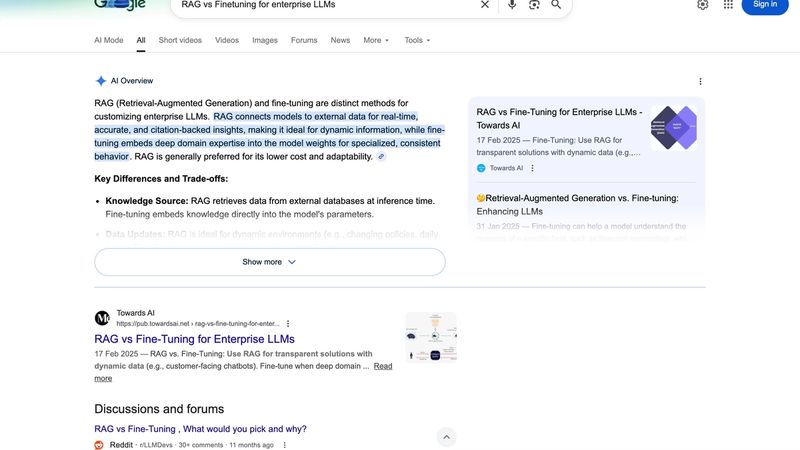 RAG vs Finetuning SERP analysis showing Google struggling with new AI terminology resulting in disorganized results mixing academic papers and community discussions without clear authoritative answer
