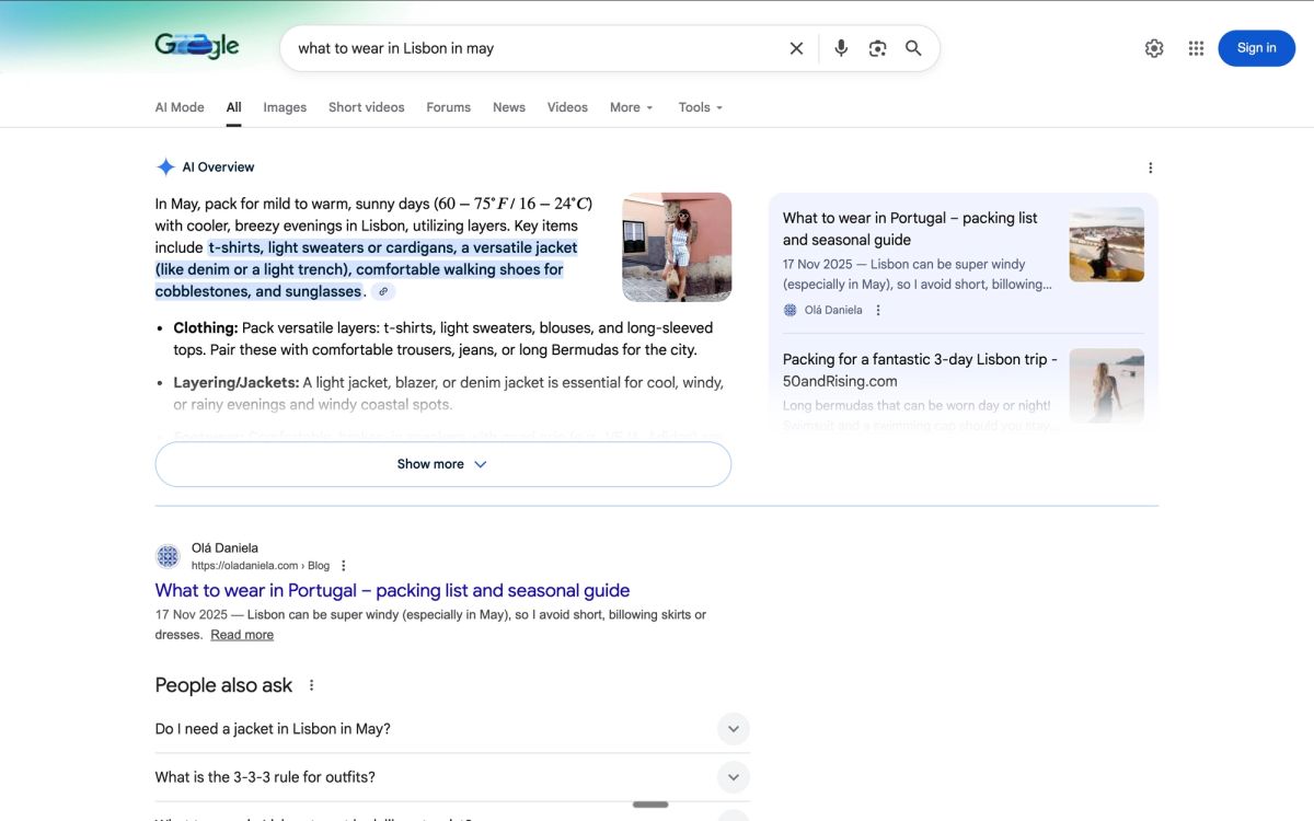 Search results displaying semantic inference beyond weather query to practical travel advice with clothing recommendations, temperature context, and anticipated follow-up questions about swimming and evening wear