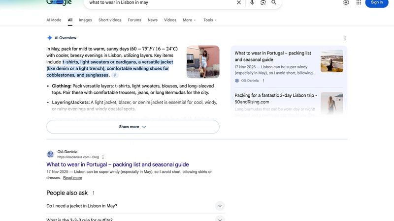Search results displaying semantic inference beyond weather query to practical travel advice with clothing recommendations, temperature context, and anticipated follow-up questions about swimming and evening wear