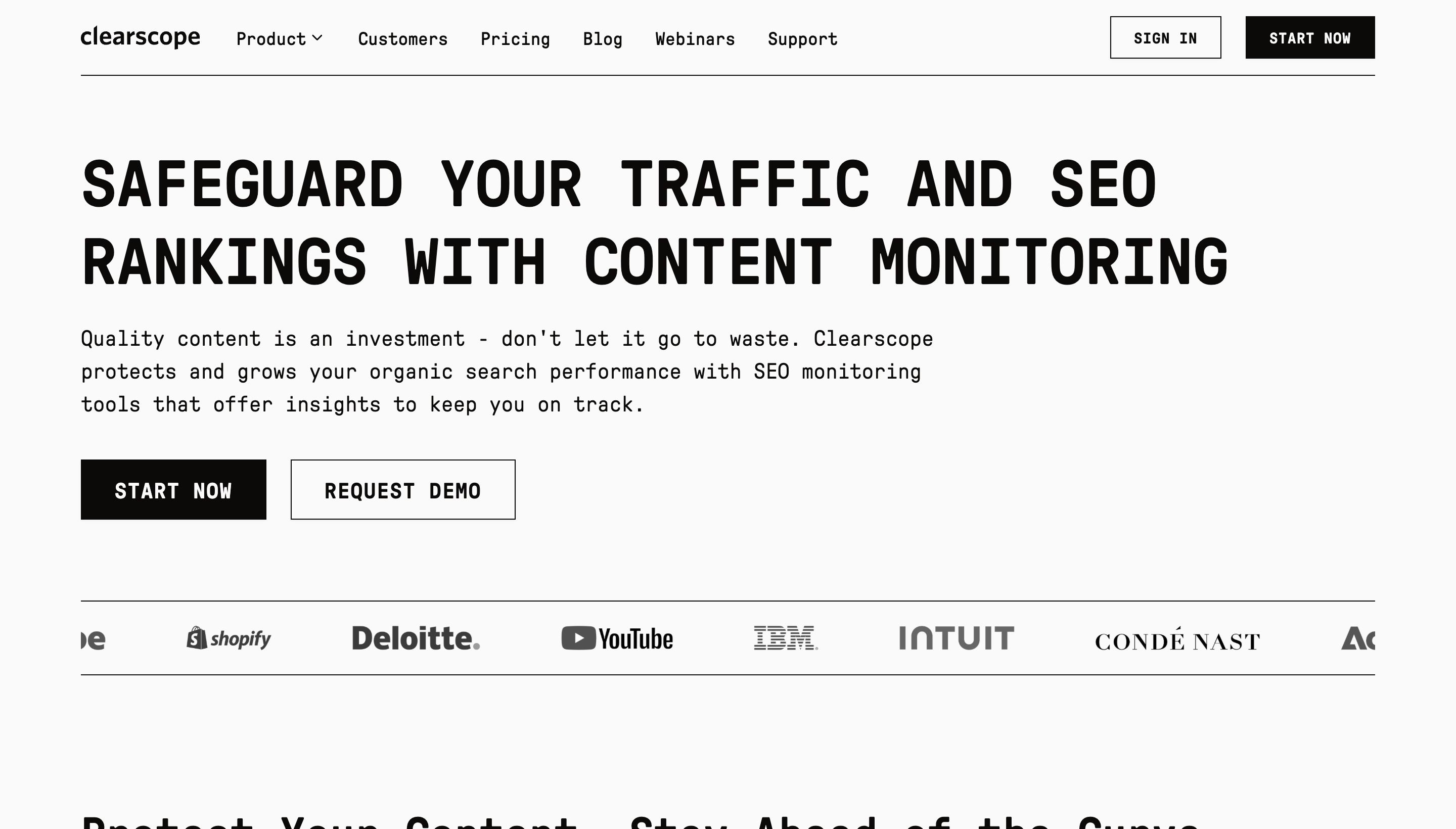 Clearscope content monitoring product page: Safeguard Your Traffic and SEO Rankings With Content Monitoring