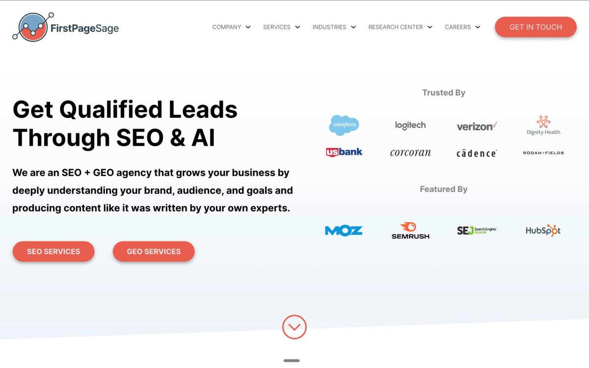 First Page Sage homepage showing 15+ year veteran status branded as #1 Generative Engine Optimization Agency