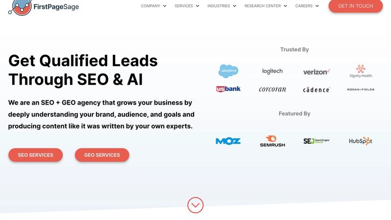 First Page Sage homepage showing 15+ year veteran status branded as #1 Generative Engine Optimization Agency