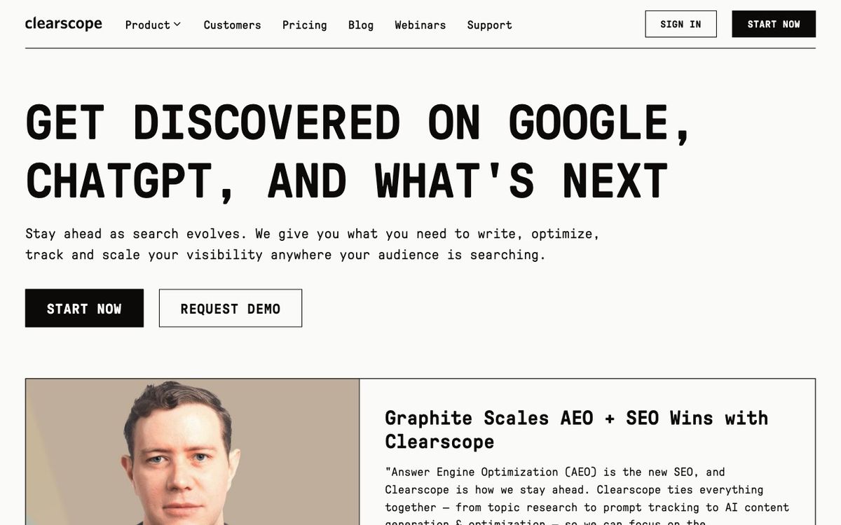 Clearscope homepage hero section — SEO content grading and optimization tool
